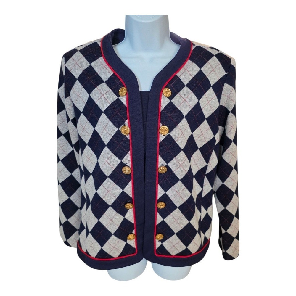Stuart Alan 14 Argyle Cardigan Sweater Navy Red Gold Button Vintage USA 80s